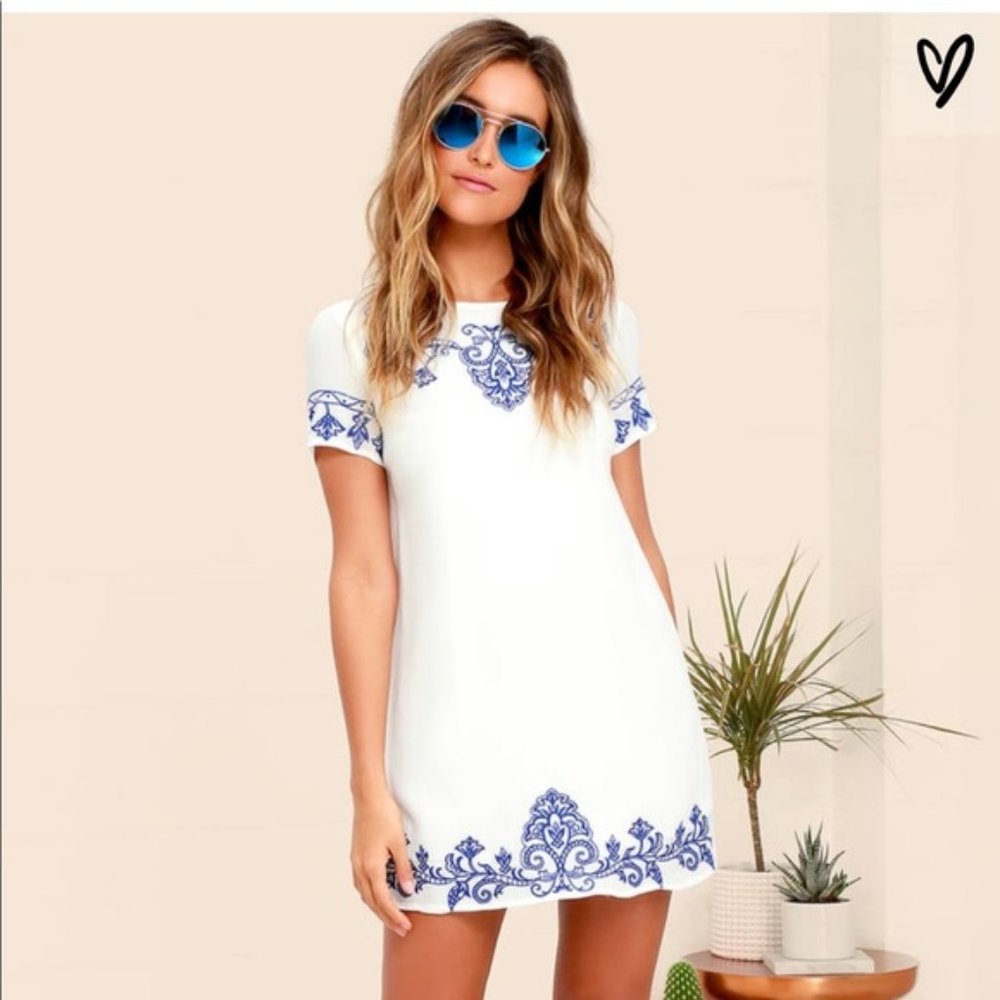 Lulu’s Blue + White Embroidered Shift Dress